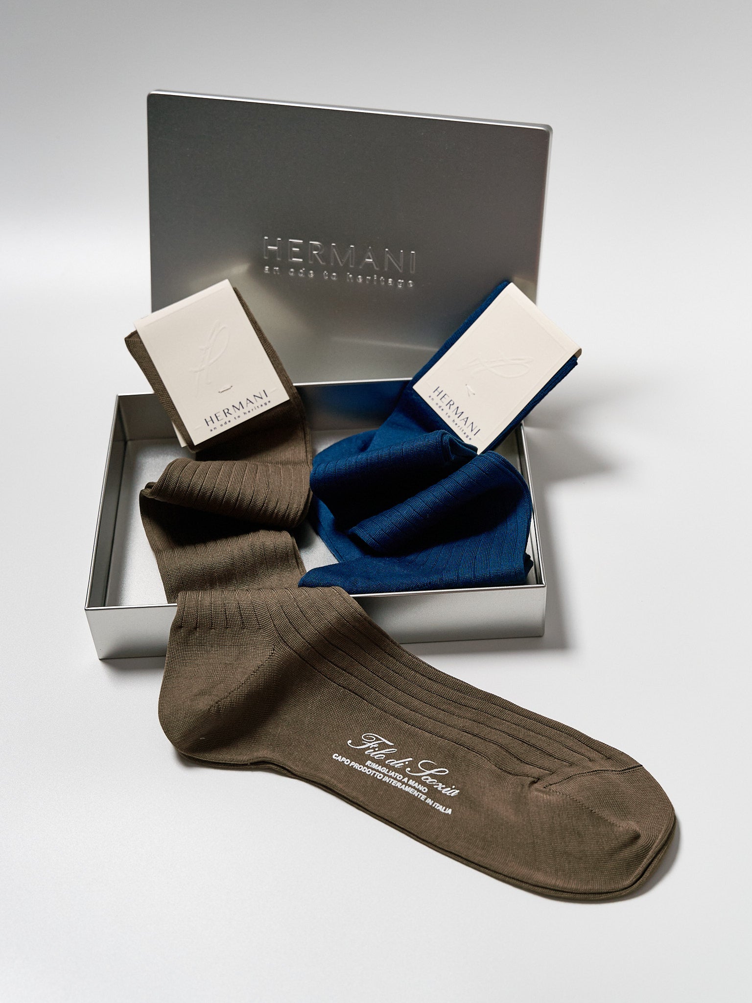 Gift Box: Egyptian Cotton Knee-High - Blu, Tabacco